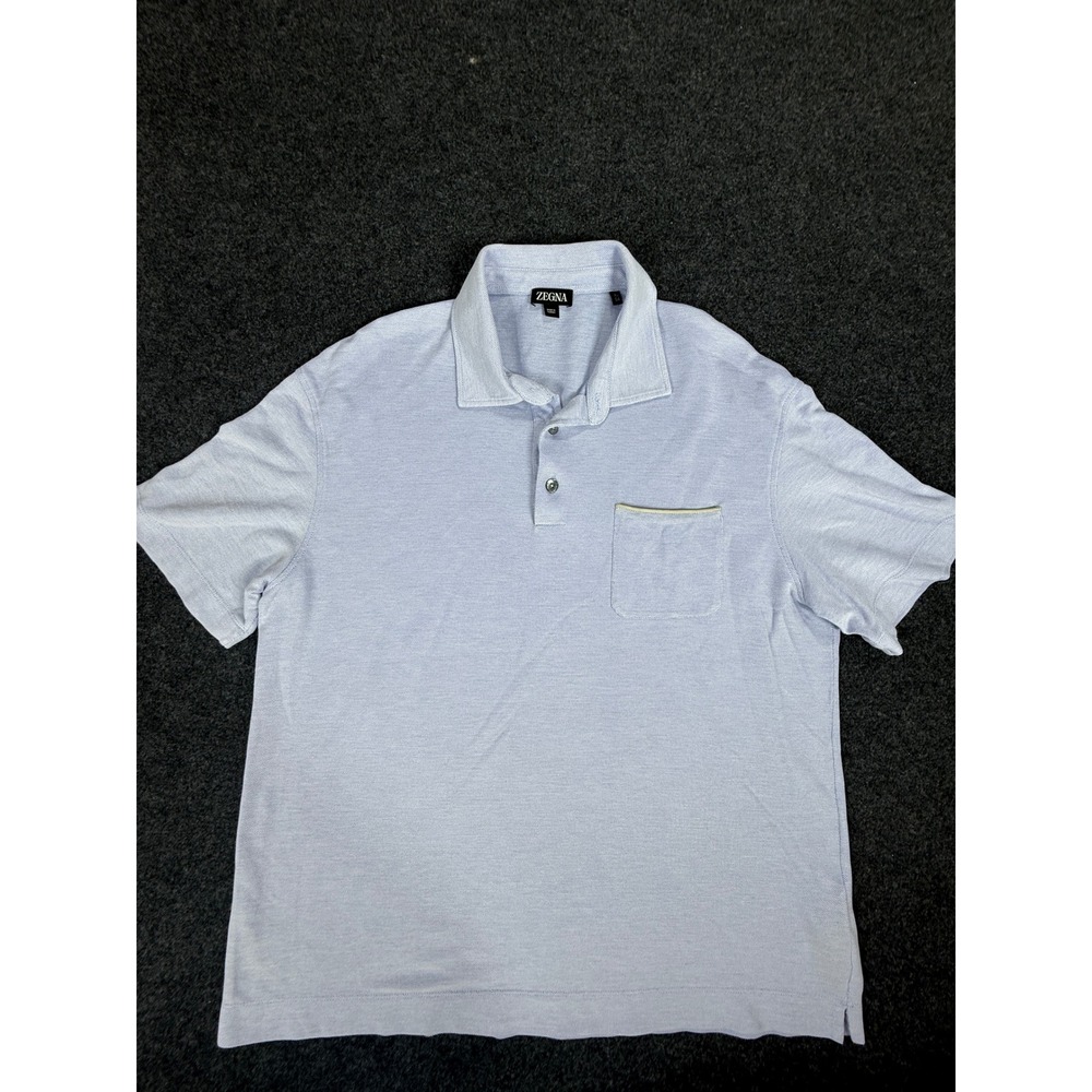 Zegna Polo Shirt Mens XL Light Blue Short Sleeve Cotton Chest Pocket IT 54